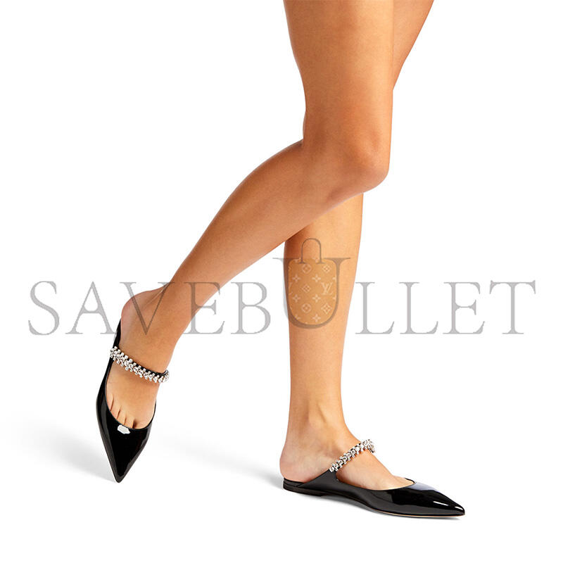 J1m*y Ch00 black patent leather mules with crystal strap bingflatpat010003